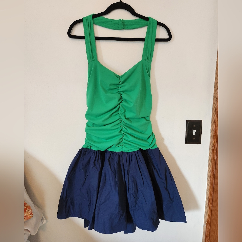Maeve Anthropologie Color Block Green And Blue Bubble Skirt Halter Mini Dress M